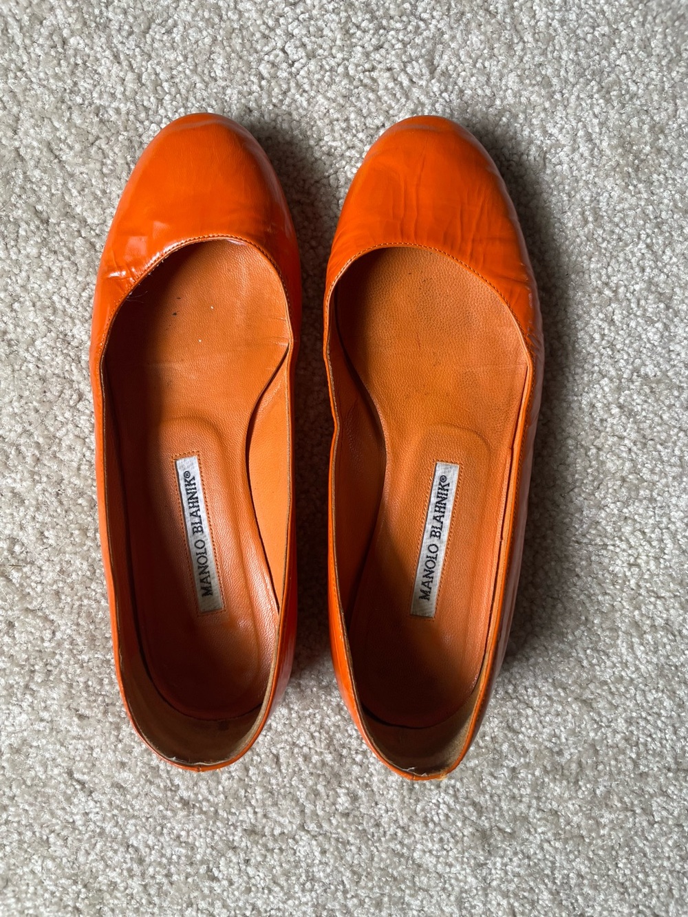 Manolo Blahnik Orange Patent Leather Ballet Flats Sz 38 GUC